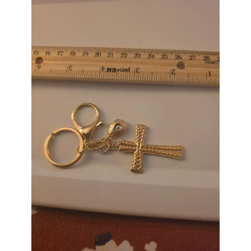 Gold-Tone Cross Keychain with Rhinestones